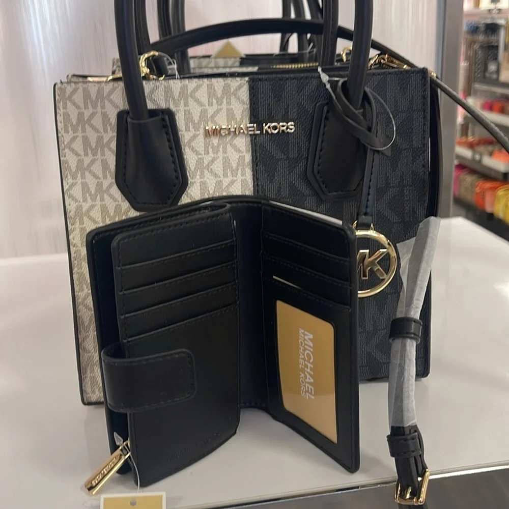 Michael Kors Mercer Medium Two-Tone Logo Messenger & MK JST Md Bifold Zip Wallet